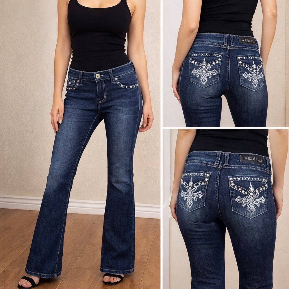 LA Idol USA Rhinestone Flare Jeans Size 11 Y2K Stretch Denim